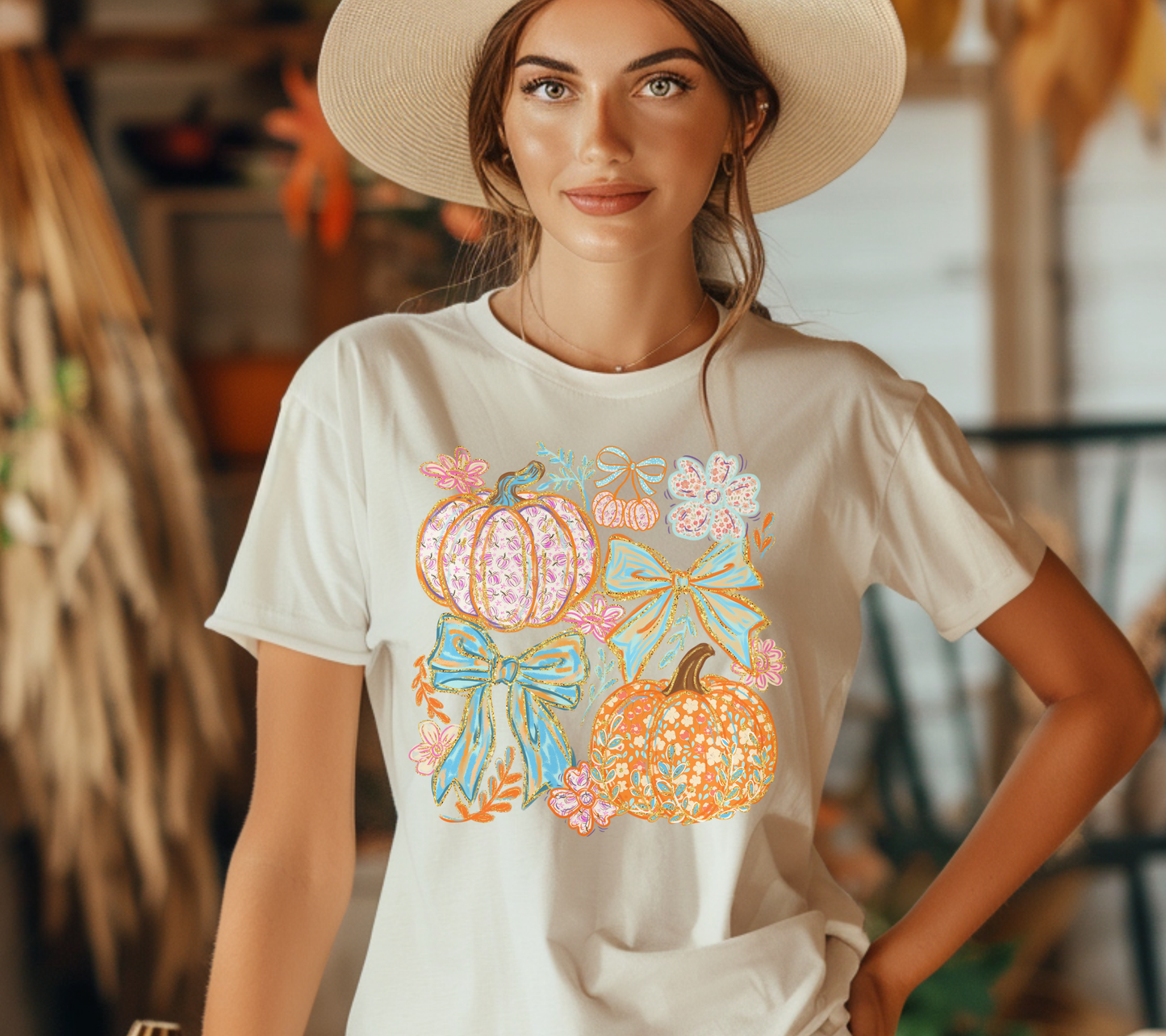 🎀 Boho Floral Pumpkin & Bow Tee – Pastel Fall Graphic Shirt for Women 🎃