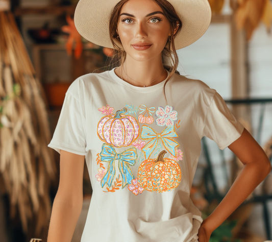 🎀 Boho Floral Pumpkin & Bow Tee – Pastel Fall Graphic Shirt for Women 🎃