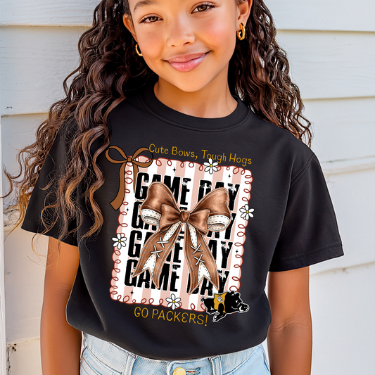 Youth/Toddler Cute Bows Tough Hogs Game Day Shirt – Go Packers Football Tee – Colquitt County Spirit Wear (Gold Ink)
