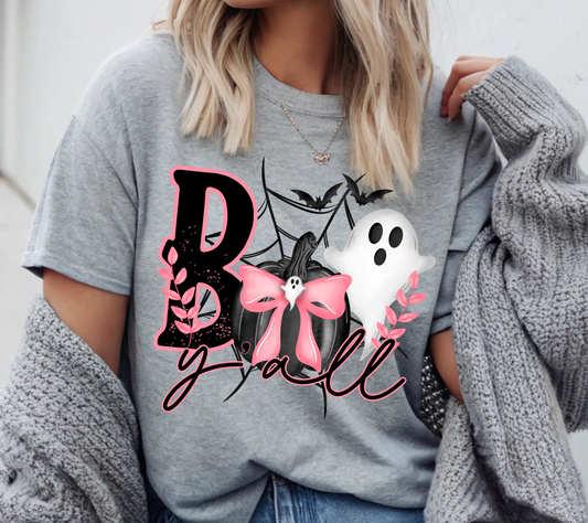 Adult Boo Y’all Pink Bow Ghost Halloween Tee” 👻🎀🎃