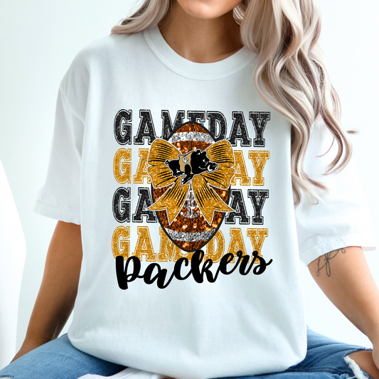 Adult Gameday Glitter Football Bow Shirt – Packers Game Day Tee – Colquitt County Black & Gold Spirit Wear