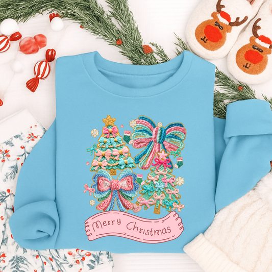 Pastel Merry Christmas Shirt & Sweatshirt | Latch Hook Yarn Texture Bow & Tree Design for Women & Girls