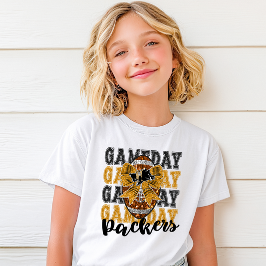 Youth/Toddler Gameday Glitter Football Bow Shirt – Packers Game Day Tee – Colquitt County Black & Gold Spirit Wear
