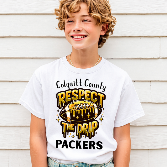 Youth/Toddler Respect the Drip Packers Shirt – Colquitt County Football Tee – Bold Black & Gold Dripping Design
