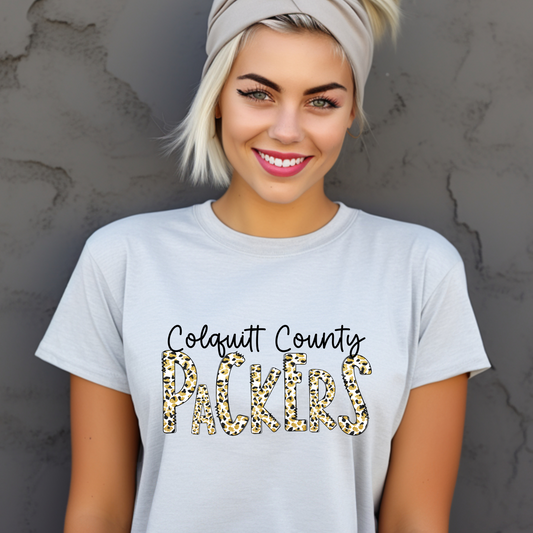 Adult Colquitt County Packers Leopard Print Shirt – Cute Script Game Day Tee – Black & Gold Spirit Wear
