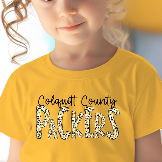 Youth/Toddler Colquitt County Packers Leopard Print Shirt – Cute Script Game Day Tee – Black & Gold Spirit Wear