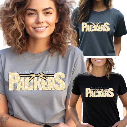 Adult Colquitt County Packers Daisy Bow Shirt – Floral Spirit Tee – Game Day Packers Shirt in Multiple Colors