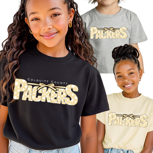 Youth/Toddler Colquitt County Packers Daisy Bow Shirt – Floral Spirit Tee – Game Day Packers Shirt in Multiple Colors