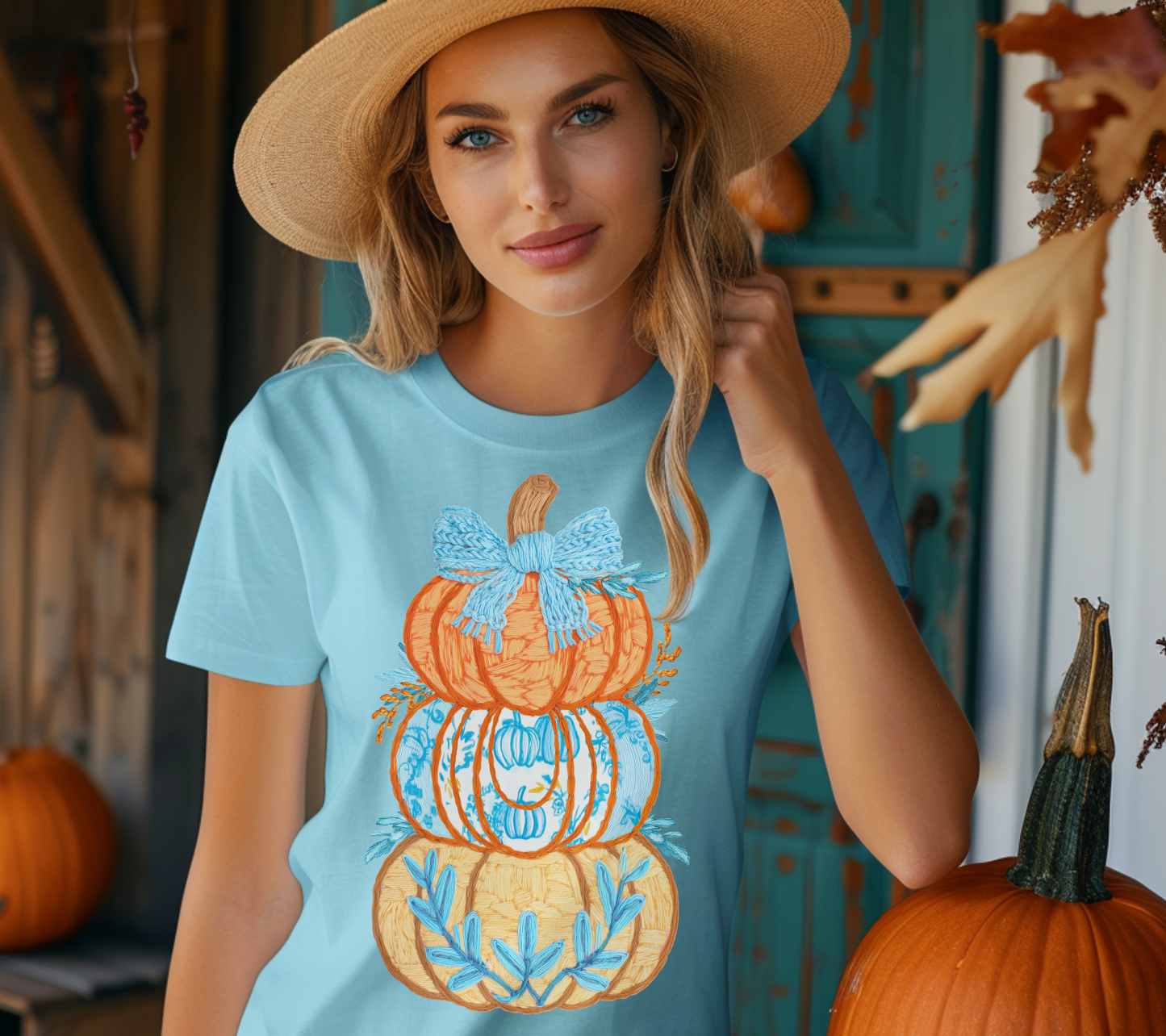 🎃 Stacked Pumpkin Bow Tee – Blue & Orange Fall Graphic Shirt for Women 🍂