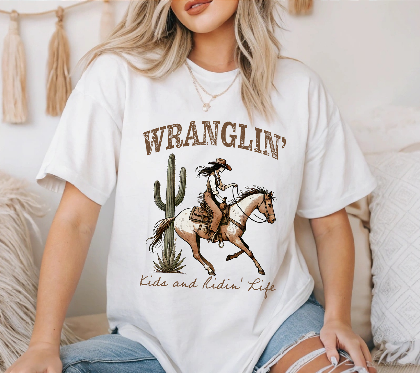 Wranglin’ Kids and Ridin’ Life Wranglin’ Kids & Ridin’ Life Western Shirt – Cowgirl Mom Graphic Tee – Desert Cactus Horse T-Shirt – Country Mama Top