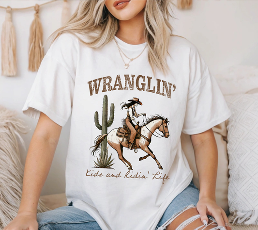 Wranglin’ Kids and Ridin’ Life Wranglin’ Kids & Ridin’ Life Western Shirt – Cowgirl Mom Graphic Tee – Desert Cactus Horse T-Shirt – Country Mama Top