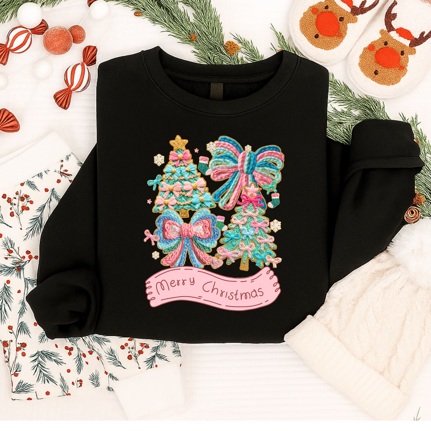 Pastel Merry Christmas Shirt & Sweatshirt | Latch Hook Yarn Texture Bow & Tree Design for Women & Girls