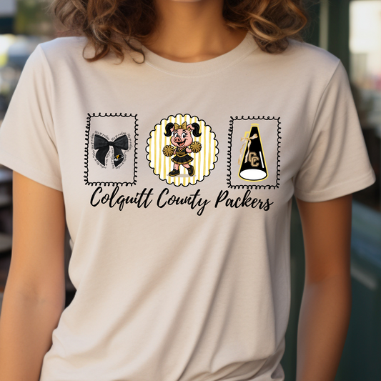 Adult Colquitt County Packers Cheer Shirt – Cute Hog Mascot Tee with Pom Poms & Spirit Icons – Game Day (Black Ink)