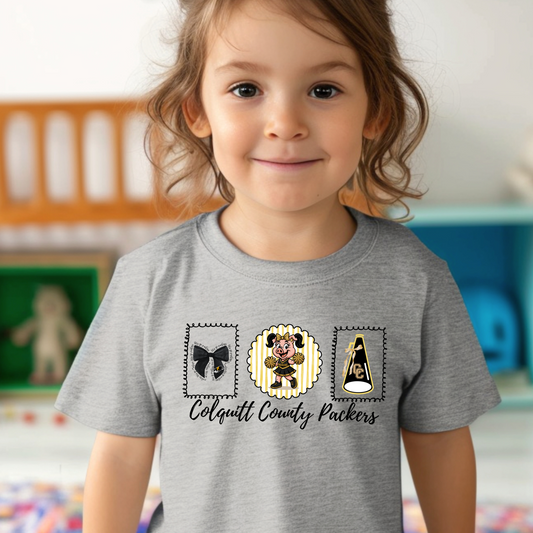 Youth/Toddler Colquitt County Packers Cheer Shirt – Cute Hog Mascot Tee with Pom Poms & Spirit Icons – Game Day (Black Ink)