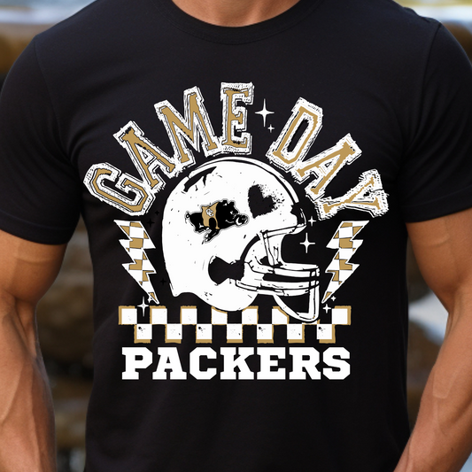 Adult Game Day Packers Football Shirt – Black & Gold Checkered School Spirit Tee (White Ink)