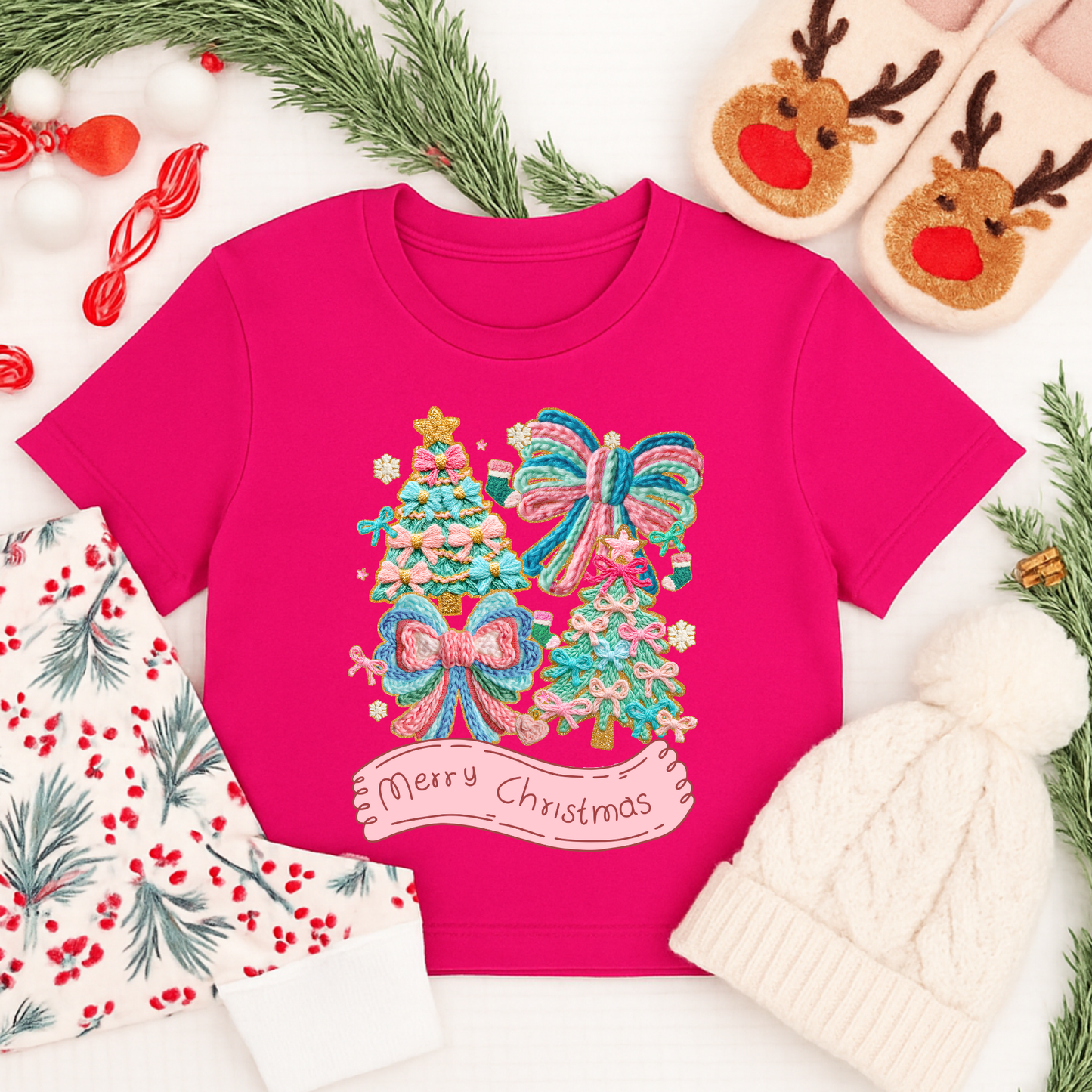 Pastel Merry Christmas Shirt & Sweatshirt | Latch Hook Yarn Texture Bow & Tree Design for Women & Girls