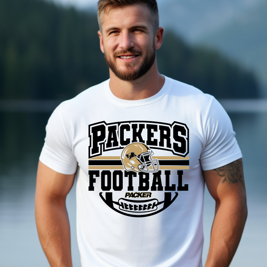 Adult Packers Football Helmet Tee – Bold Black & Gold Game Day Shirt for Fans (Black Ink)