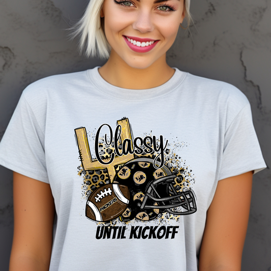 Adult Classy Until Kickoff Packers Leopard Football Tee – Black & Gold Game Day Shirt