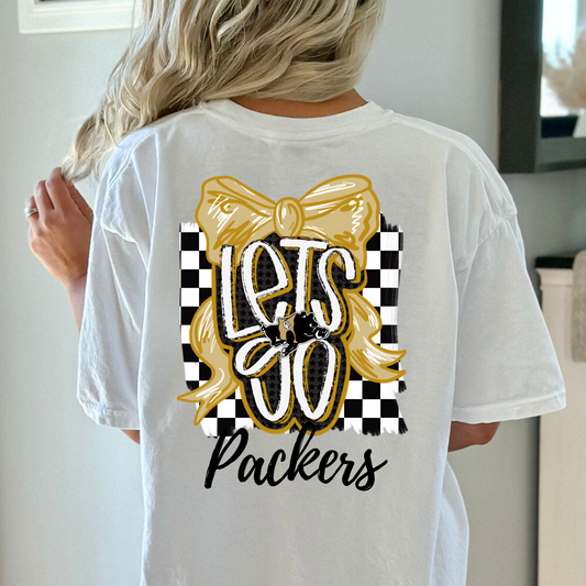 Adult Let’s Go Packers Bow Shirt – Game Day Spirit Tee with Black & Gold Hog – Front and Back Design (Black Ink) (Copy)