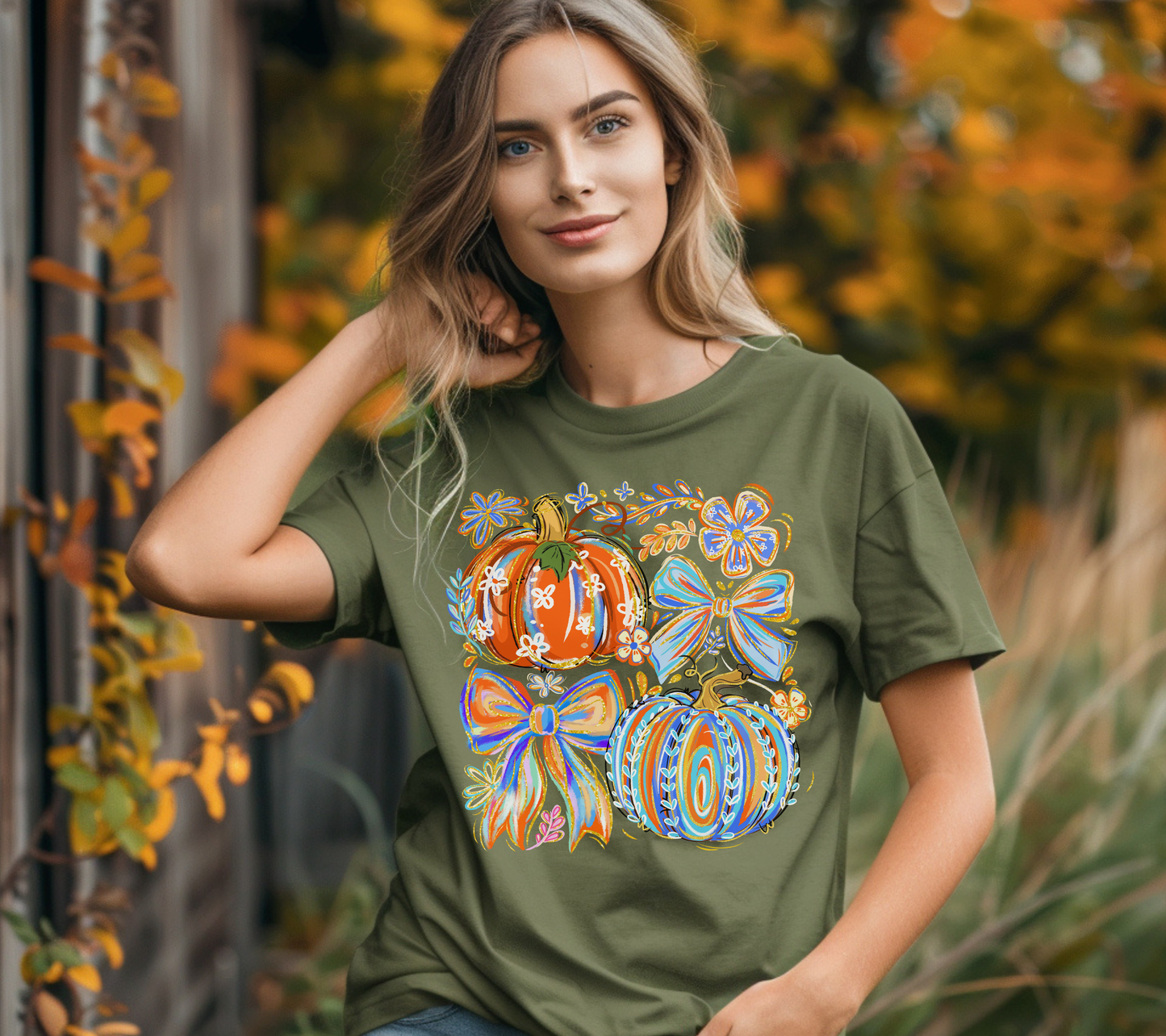 Boho Fall Pumpkins T-Shirt – Colorful Bow Pumpkin Tee, Autumn Floral Pumpkin Shirt, Fall Graphic Tee for Women, Cute Thanksgiving Outfit