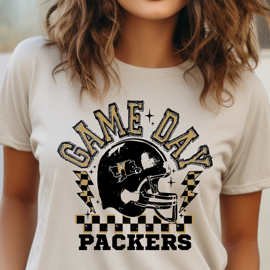 Adult Game Day Packers Football Tee – Black & Gold Checkered School Spirit Shirt (Black Ink)
