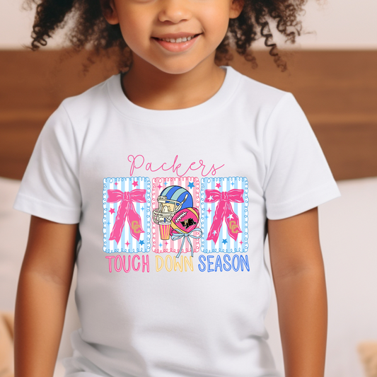 Youth/Toddler "Packers Touch Down Season Kids Football Shirt – Pink and Blue Bow Game Day Tee"