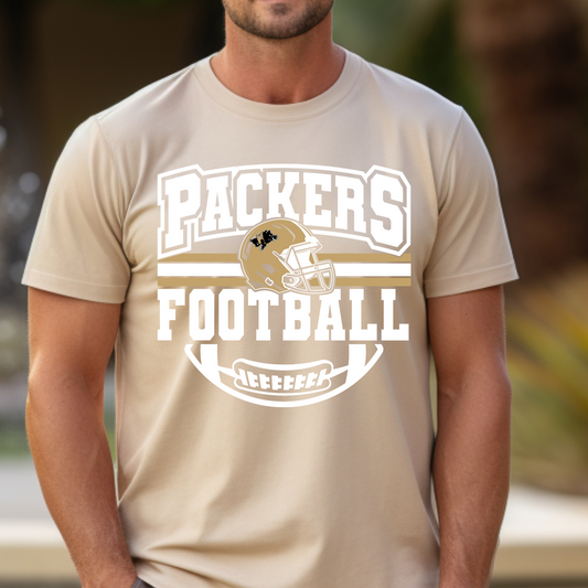 Adult Packers Football Helmet T-Shirt – Classic Gold & White Game Day Fan Tee (White Ink)