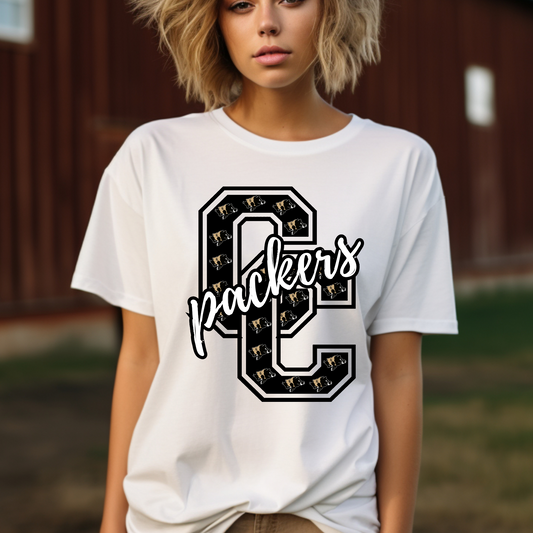 Adult CC Packers Mascot Graphic Tee – Bold Black & Gold School Spirit Shirt
