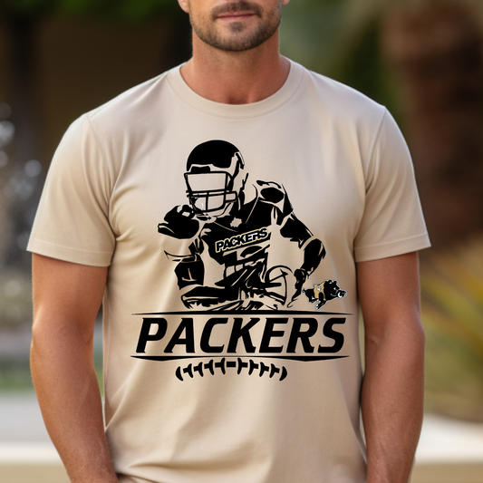 Adult Packers Football Player Silhouette Tee – Bold Black & Gold Game Day Shirt (Black Ink)