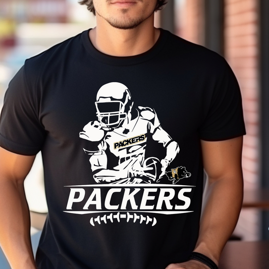 Adult Packers Football Player Silhouette Tee – Bold Black & Gold Game Day Shirt (White Ink)