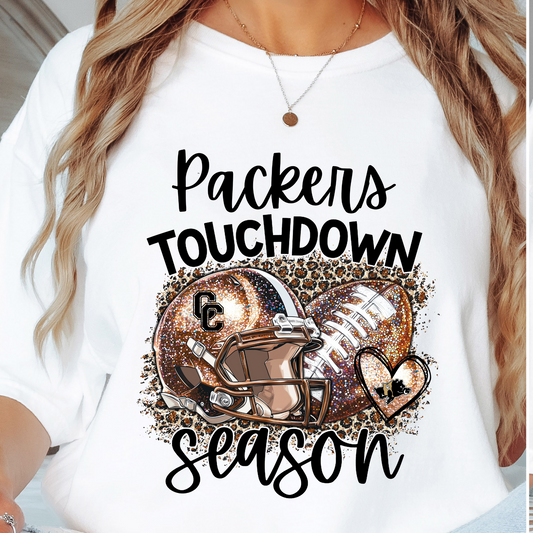 Adult Packers Touchdown Season Glitter Leopard Football Tee – CC School Spirit Game Day Shirt