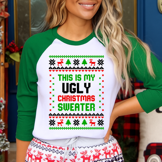 Ugly Christmas Sweater Raglan – Funny Holiday Baseball Tee | Red or Green Sleeve Christmas Shirt for Kids & Adults
