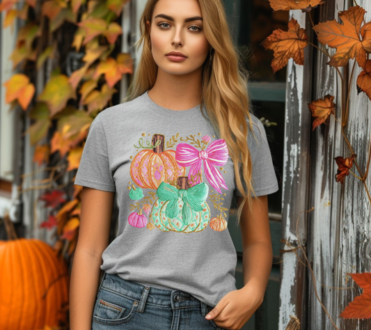 Colorful Boho Pumpkin Bow T-Shirt – Fall Pumpkin Graphic Tee, Autumn Floral Pumpkin Shirt, Cute Thanksgiving Outfit, Pastel Fall Tee for Women