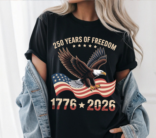 Patriotic Eagle (Flag Wave) 250 Years of Freedom Patriotic Eagle Shirt – 1776–2026 America 250th Anniversary Tee, Fourth of July Shirt, American Flag Eagle Graphic Tee