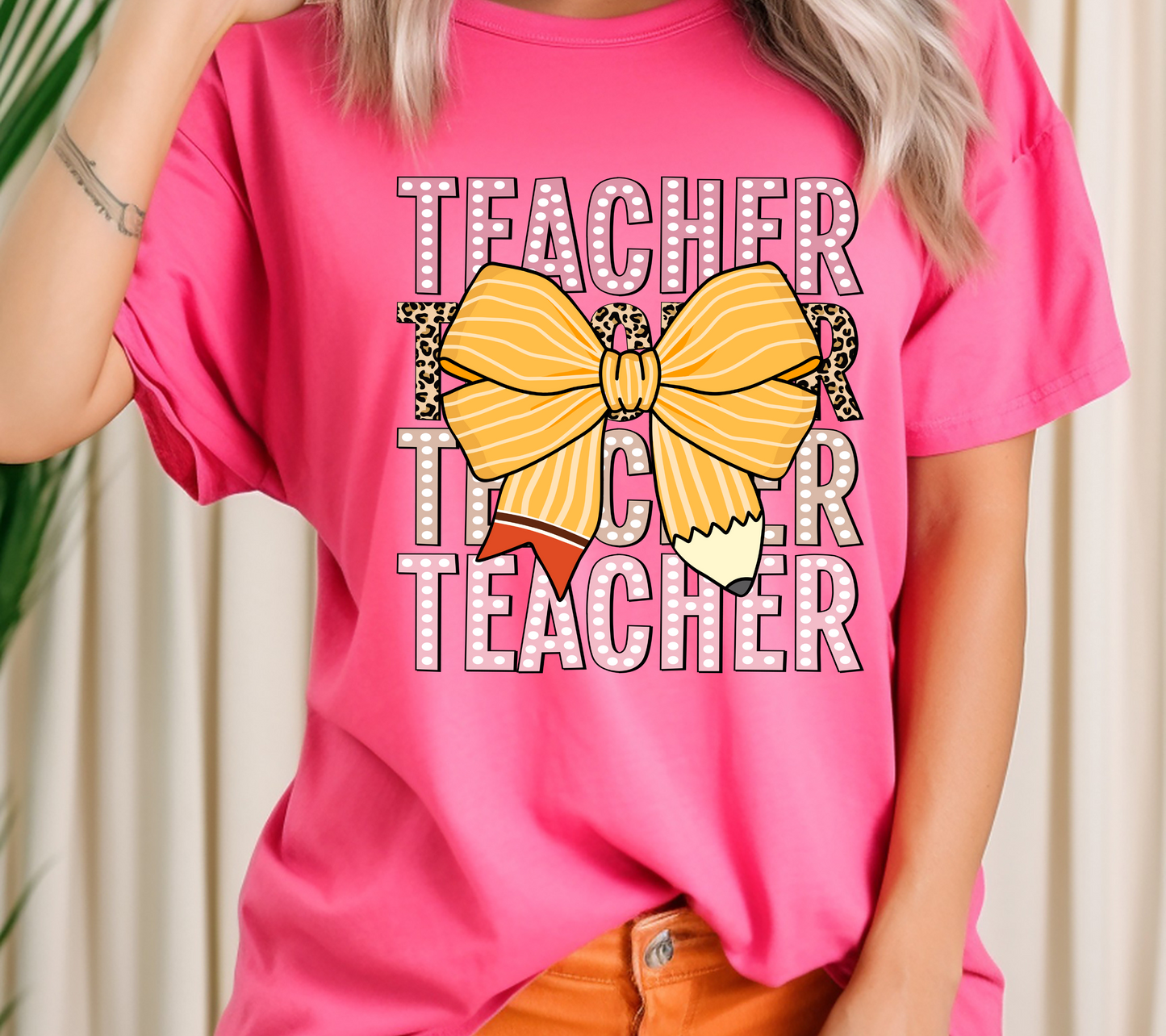 Teacher Yellow Pencil Bow T-Shirt