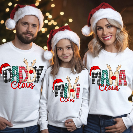 Family Claus Christmas Shirts – Daddy Claus, Mama Claus & Mini Claus Matching Holiday Tees, Sweatshirts & Hoodies | Kids & Adults | Cute Reindeer & Santa Hat Design