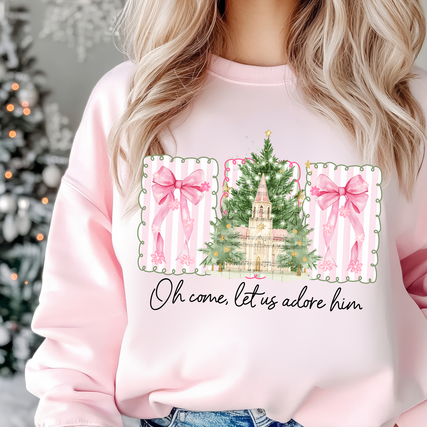 Oh Come, Let Us Adore Him Christmas Shirt – Pink Bow Church Design | Faith-Based Holiday Tee, Sweatshirt & Hoodie | Kids & Adults