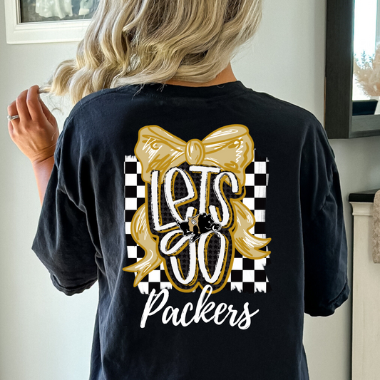 Adult Let’s Go Packers Bow Shirt – Game Day Spirit Tee with Black & Gold Hog – Front and Back Design (White Ink)
