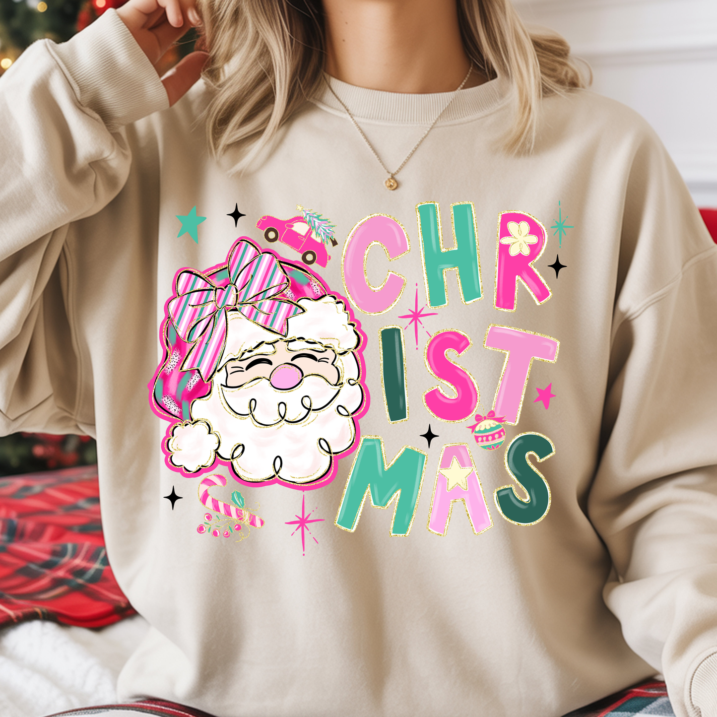 Merry & Bright Santa Christmas Shirt – Retro Pastel Holiday Tee, Sweatshirt & Hoodie | Kids & Adults | Cute Pink & Teal Christmas Top