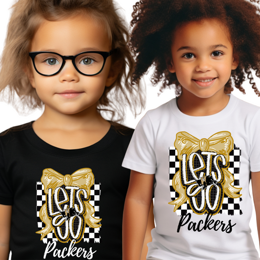 Youth/Toddler Let’s Go Packers Bow Shirt – Game Day Spirit Tee with Black & Gold Hog – White Ink