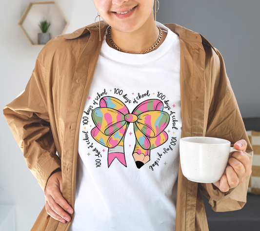 100 Days of School Shirt - Cute Pastel Bow and Pencil Design - Fun Teacher & Student Celebration T-Shirt