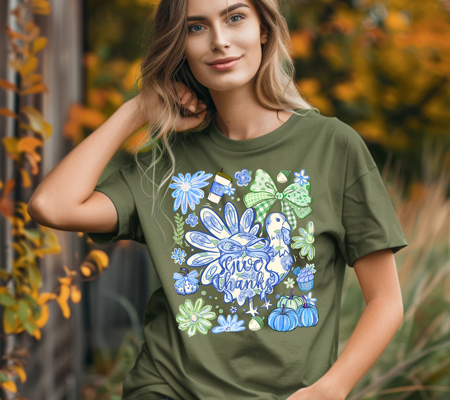 Give Thanks Turkey T-Shirt – Cute Fall Thanksgiving Graphic Tee, Blue and Green Boho Turkey Shirt, Autumn Floral Pumpkin Tee for Women