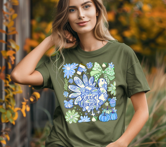 Give Thanks Turkey T-Shirt – Cute Fall Thanksgiving Graphic Tee, Blue and Green Boho Turkey Shirt, Autumn Floral Pumpkin Tee for Women