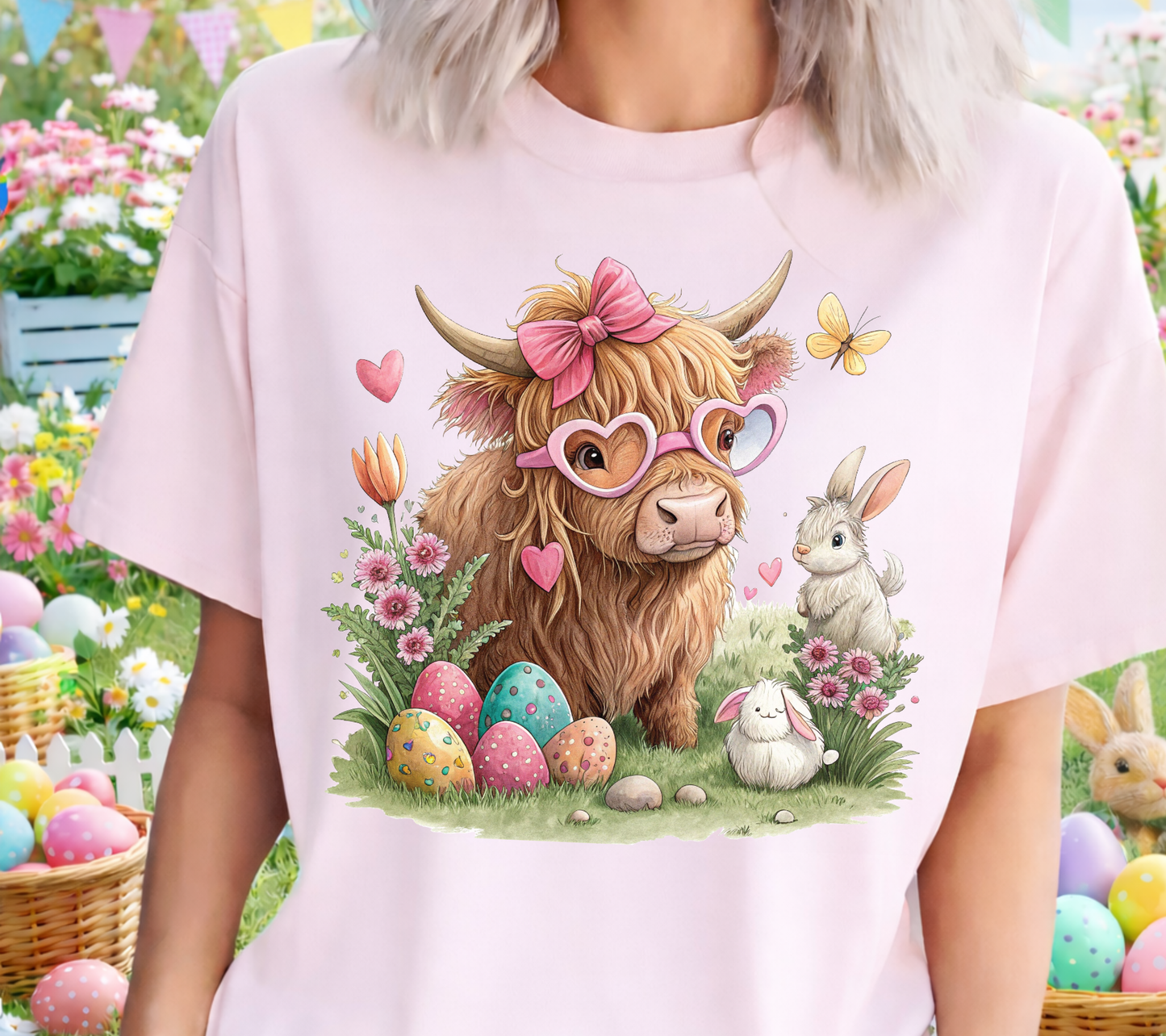 Easter 7 - Easter Highland Cow Shirt with Bunny and Eggs