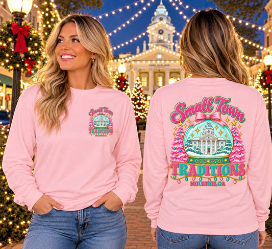 Small Town Traditions Moultrie GA Christmas Long Sleeve Shirt | Festive Holiday Snow Globe Graphic Tee