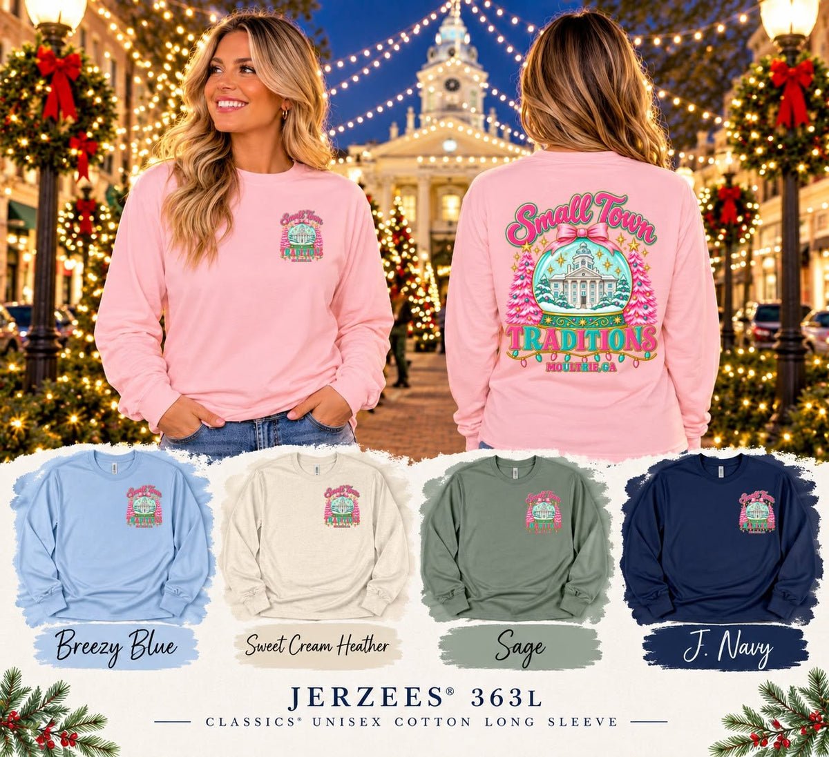 Small Town Traditions Moultrie GA Christmas Long Sleeve Shirt | Festive Holiday Snow Globe Graphic Tee
