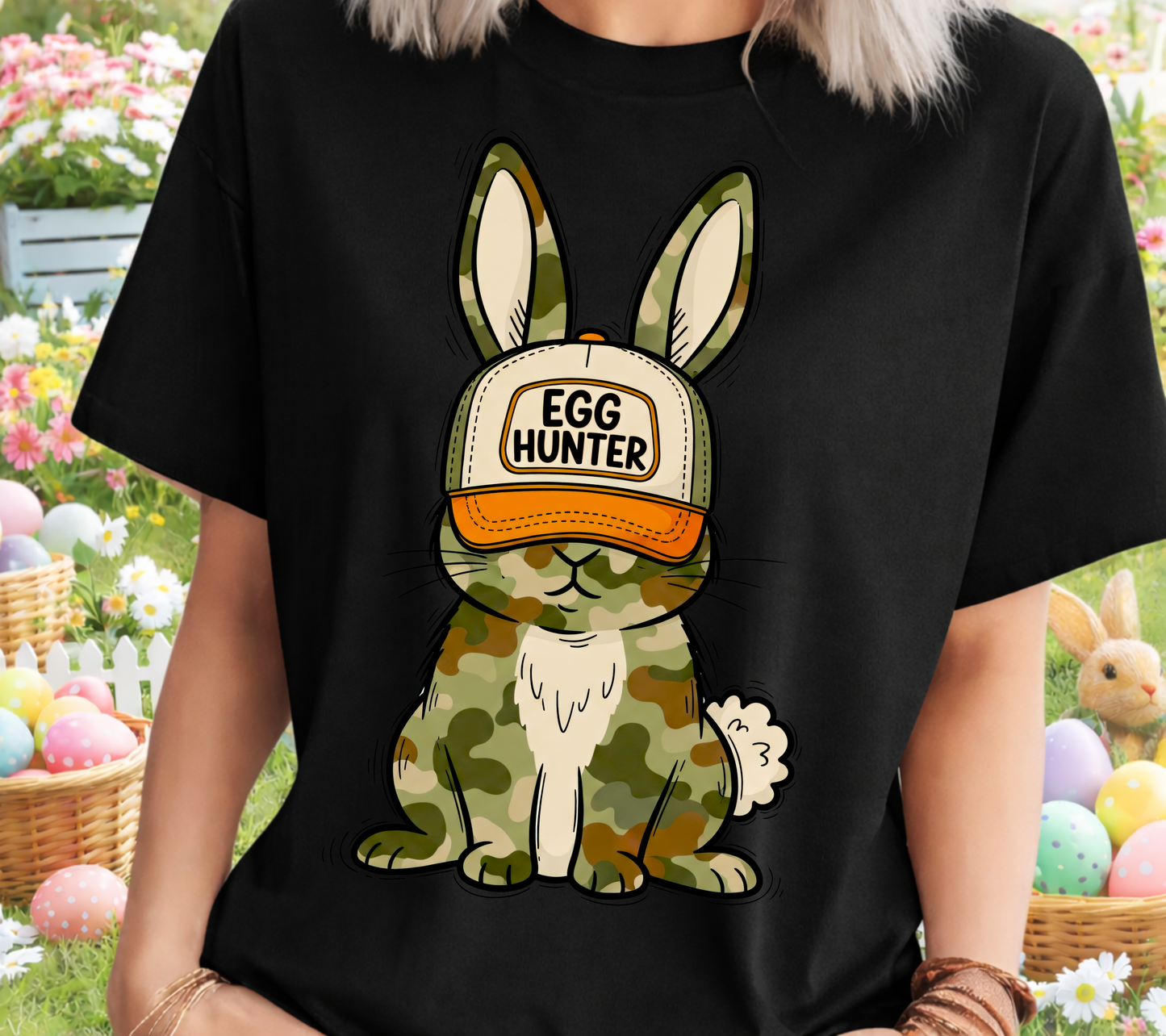 Easter 8 - Camo Bunny With "Egg Hunter" Hat Easter Shirt