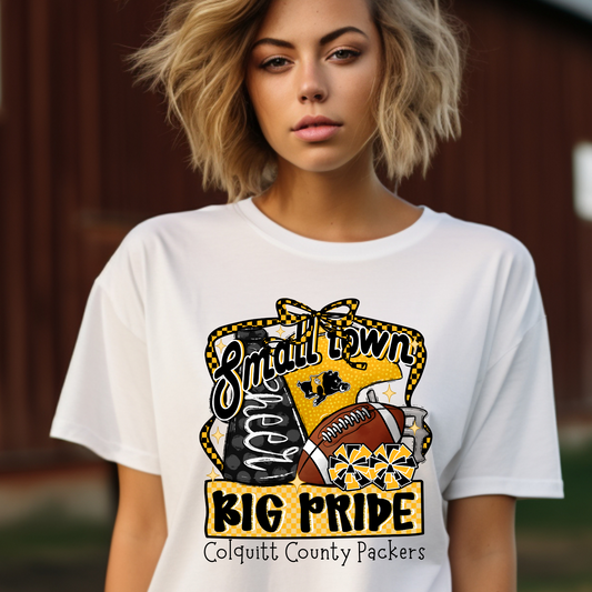 Adult Small Town Cheer Big Pride Shirt – Colquitt County Packers Football & Spirit Tee – Black & Gold Game Day Design
