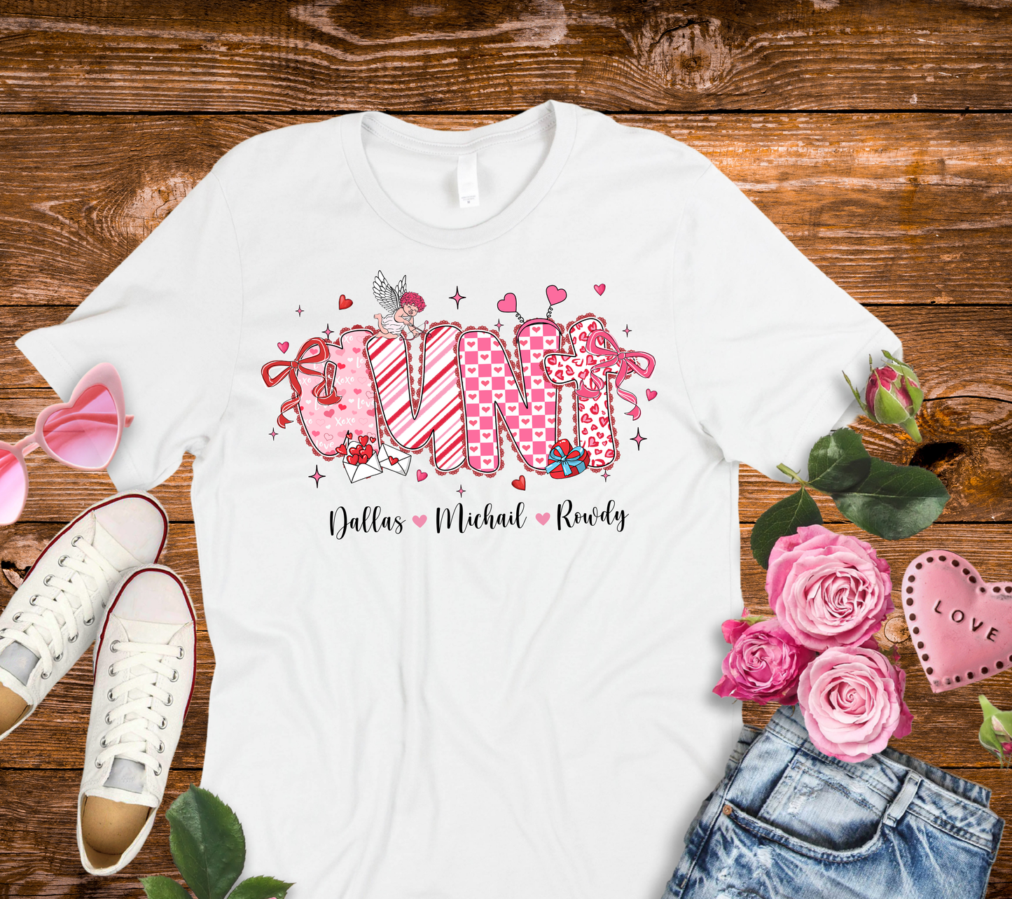 Personalized Valentine AUNT Shirt – Custom Name Valentine’s Day Shirt | Short & Long Sleeve for Kids & Adults