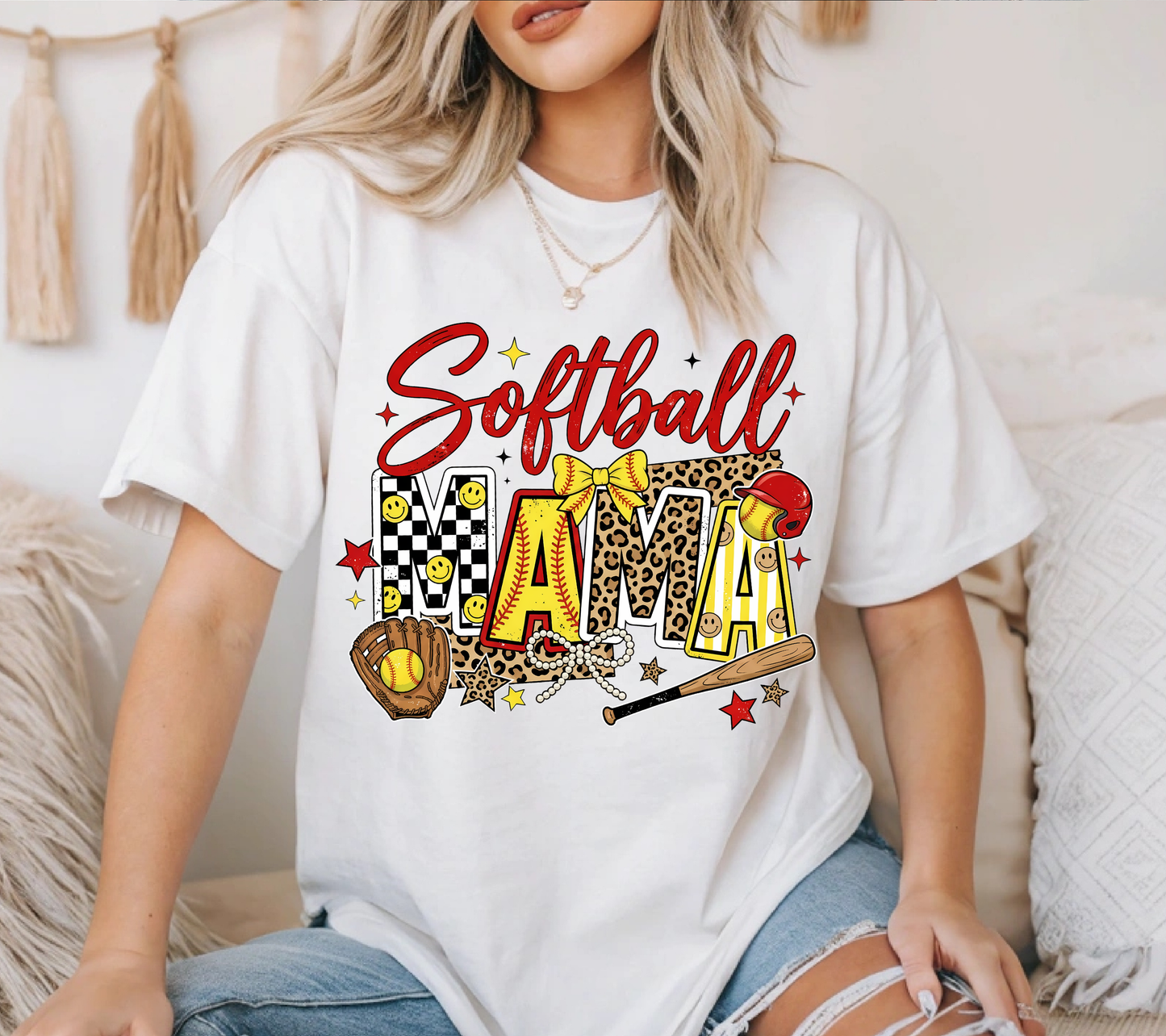 Softball Mama Design Softball Mama Shirt – Trendy Softball Mom Graphic Tee, Game Day Softball Mom Shirt, Leopard Bow Softball Mom T-Shirt, Sports Mom Apparel